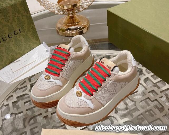 Luxury Gucci Screener Platform Sneakers in GG Lamé Canvas and Suede White/Nude 620083