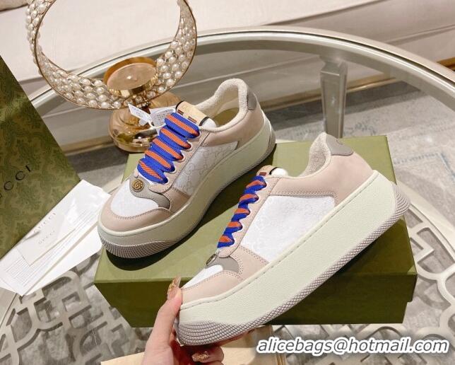 Top Grade Gucci Screener Platform Sneakers in GG Canvas and Suede White/Nude 620084