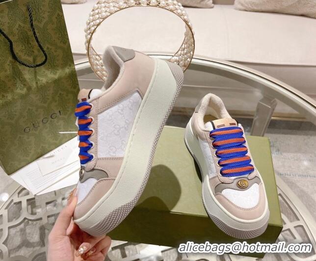 Top Grade Gucci Screener Platform Sneakers in GG Canvas and Suede White/Nude 620084