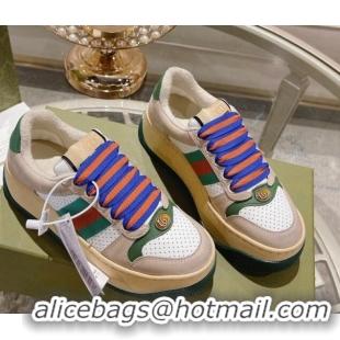 Popular Style Gucci Screener Platform Sneakers in Perforated Leather with Web White/Nude 620085