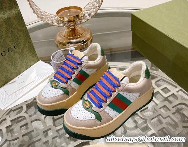 Popular Style Gucci Screener Platform Sneakers in Perforated Leather with Web White/Nude 620085