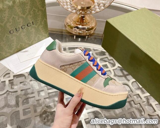 Grade Quality Gucci Screener Platform Sneakers in GG Canvas and Leather with Web Beige/Multicolor 620086