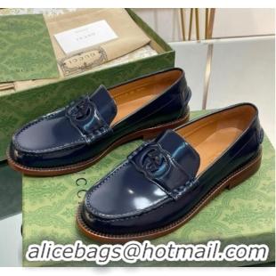 Luxurious Gucci Interlocking G Leather Loafers Navy Blue 620096