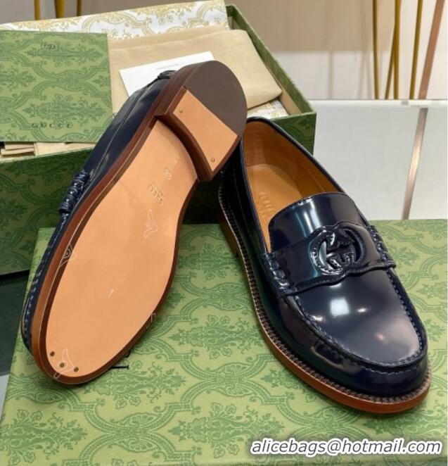 Luxurious Gucci Interlocking G Leather Loafers Navy Blue 620096