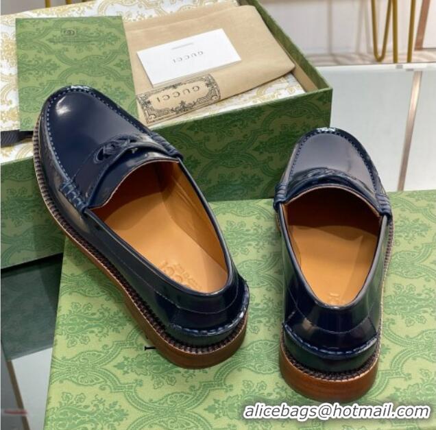 Luxurious Gucci Interlocking G Leather Loafers Navy Blue 620096