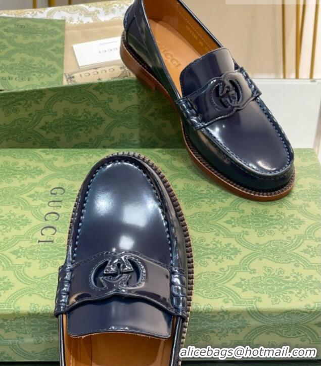 Luxurious Gucci Interlocking G Leather Loafers Navy Blue 620096