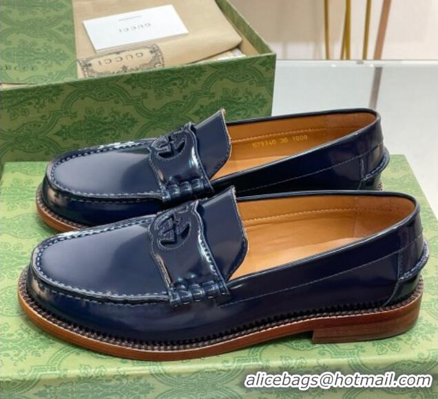 Luxurious Gucci Interlocking G Leather Loafers Navy Blue 620096