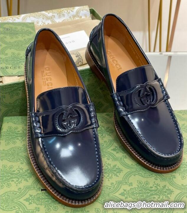 Luxurious Gucci Interlocking G Leather Loafers Navy Blue 620096