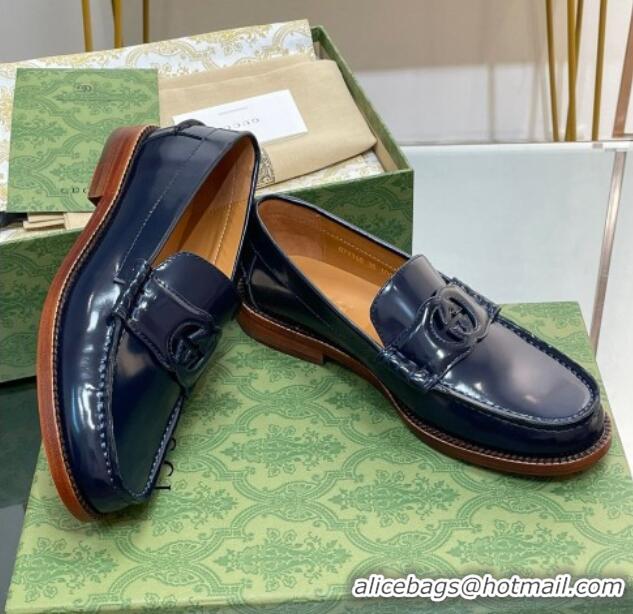 Luxurious Gucci Interlocking G Leather Loafers Navy Blue 620096