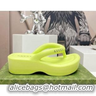 Grade Quality Gucci Rubber Wedge Slide Thong Sandals 5cm Lime Yellow 703094