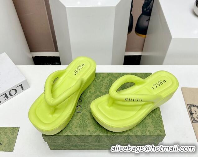 Grade Quality Gucci Rubber Wedge Slide Thong Sandals 5cm Lime Yellow 703094