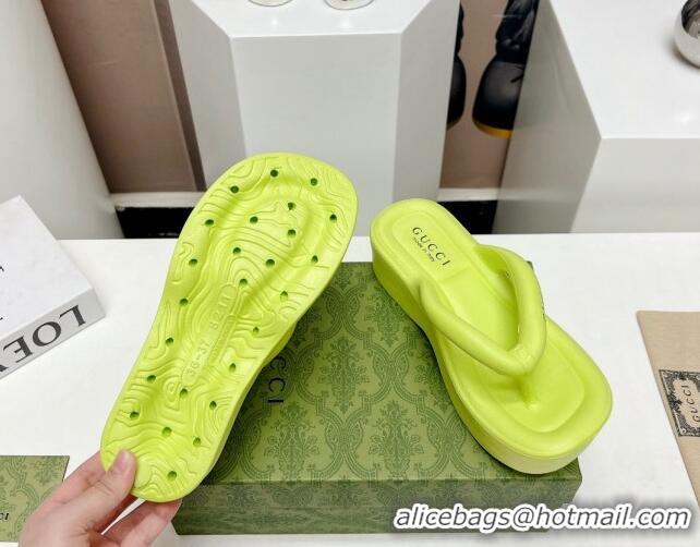 Grade Quality Gucci Rubber Wedge Slide Thong Sandals 5cm Lime Yellow 703094