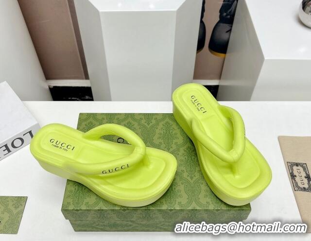 Grade Quality Gucci Rubber Wedge Slide Thong Sandals 5cm Lime Yellow 703094