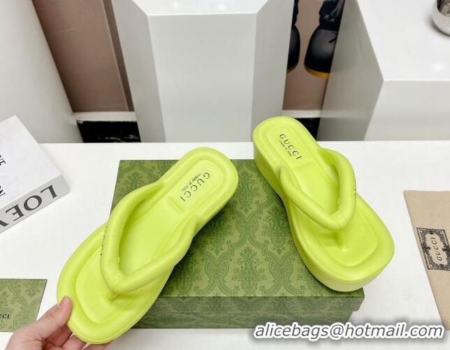 Grade Quality Gucci Rubber Wedge Slide Thong Sandals 5cm Lime Yellow 703094