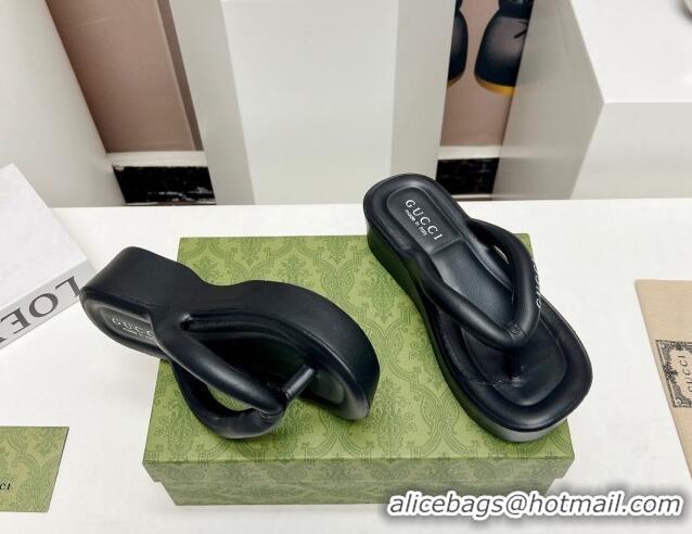 Top Design Gucci Rubber Wedge Slide Thong Sandals 5cm Black 703096