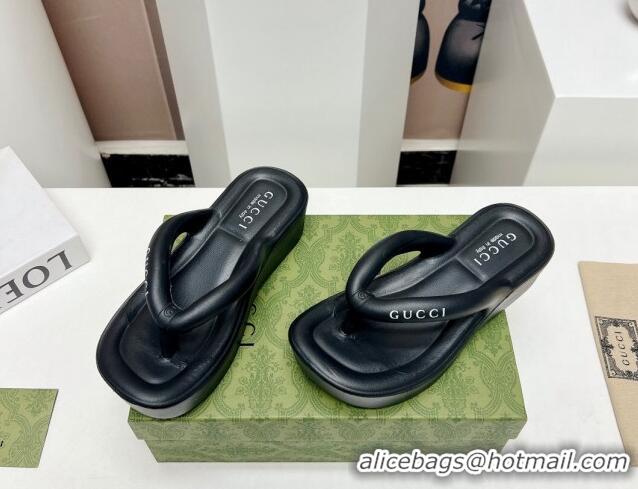 Top Design Gucci Rubber Wedge Slide Thong Sandals 5cm Black 703096