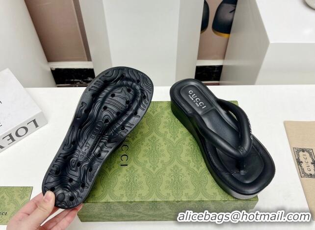 Top Design Gucci Rubber Wedge Slide Thong Sandals 5cm Black 703096