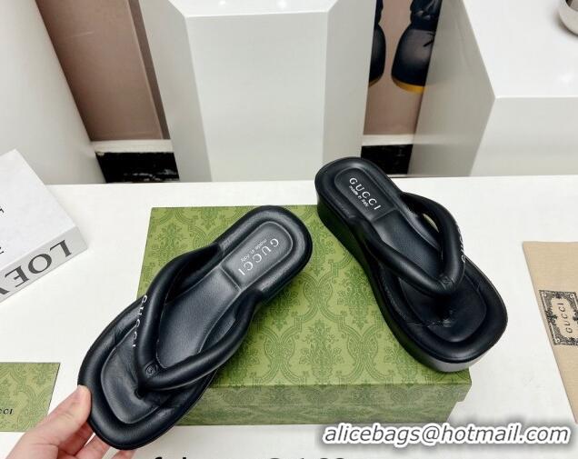 Top Design Gucci Rubber Wedge Slide Thong Sandals 5cm Black 703096