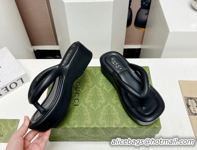 Top Design Gucci Rubber Wedge Slide Thong Sandals 5cm Black 703096