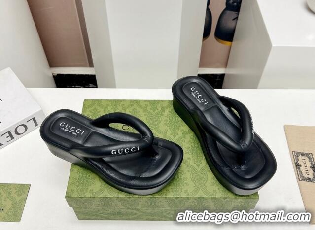 Top Design Gucci Rubber Wedge Slide Thong Sandals 5cm Black 703096