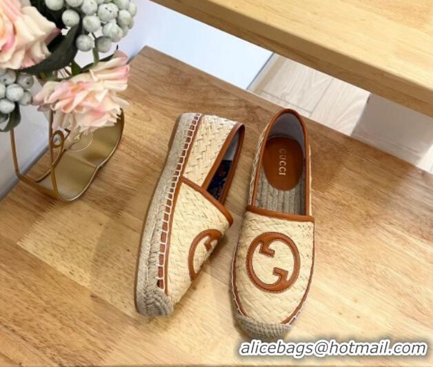 Shop Duplicate Gucci Interlocking G Espadrilles in Raffia Straw Beige/Brown 711038