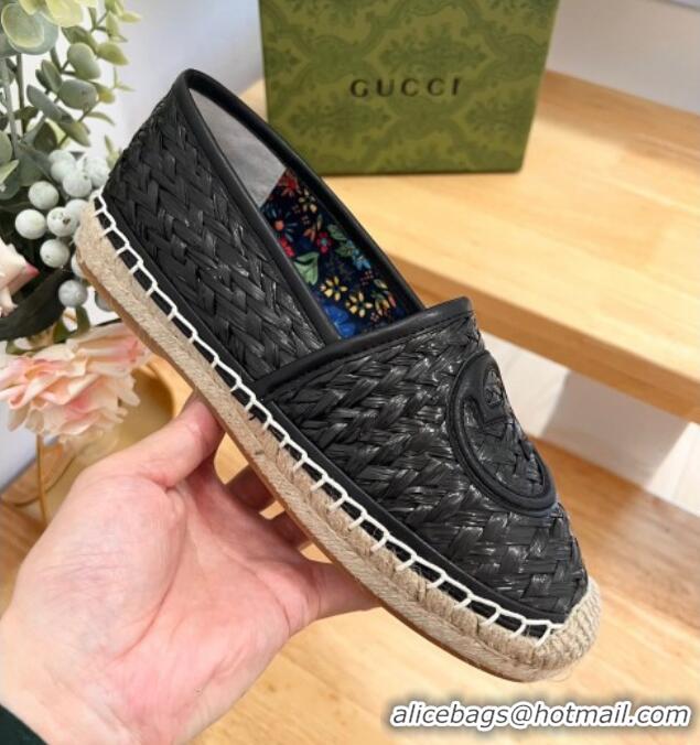 Purchase Gucci Interlocking G Espadrilles in Raffia Straw Black 711044