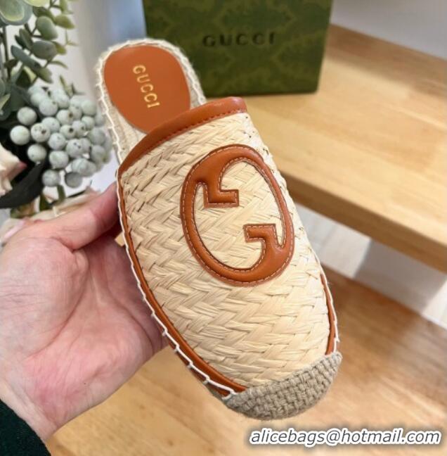 Good Quality Gucci Interlocking G Espadrille Flat Mules in Raffia Straw Beige/Brown 711039 