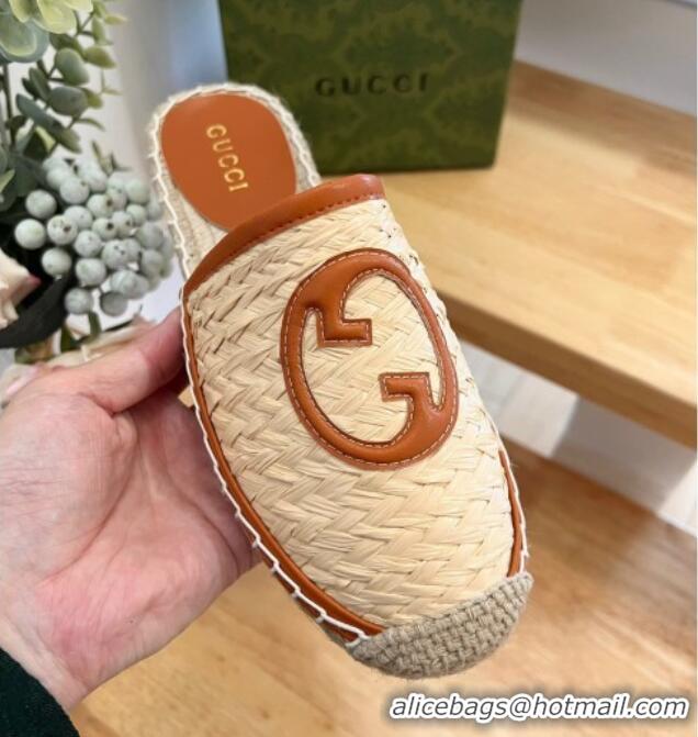 Good Quality Gucci Interlocking G Espadrille Flat Mules in Raffia Straw Beige/Brown 711039 