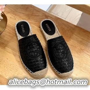 Best Grade Gucci Interlocking G Espadrille Flat Mules in Raffia Straw Black 711046