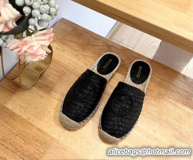 Best Grade Gucci Interlocking G Espadrille Flat Mules in Raffia Straw Black 711046