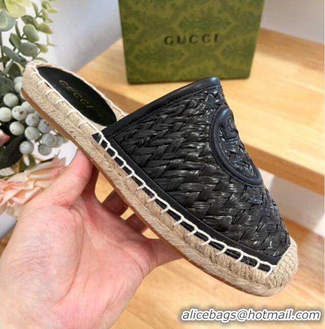 Best Grade Gucci Interlocking G Espadrille Flat Mules in Raffia Straw Black 711046