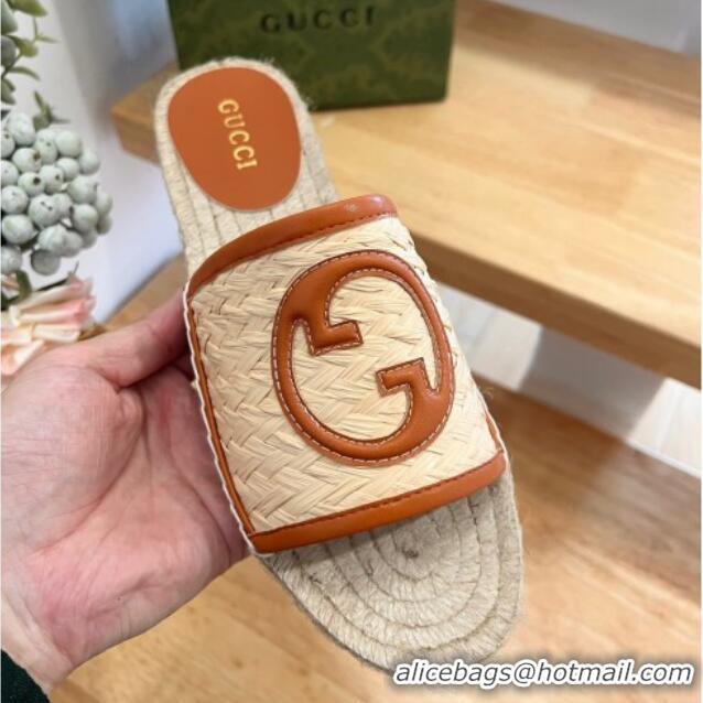 Classic Hot Gucci Interlocking G Espadrille Flat Slide Sandals in Raffia Straw Beige/Brown 711042