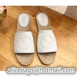 Luxurious Gucci Interlocking G Espadrille Flat Slide Sandals in Raffia Straw White 711043