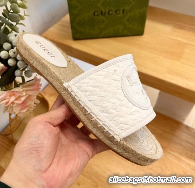 Luxurious Gucci Interlocking G Espadrille Flat Slide Sandals in Raffia Straw White 711043