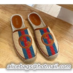 Discount Gucci Interlocking G Espadrille Flat Mules in Raffia Straw with Web Beige 711048