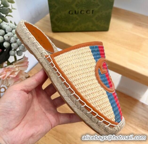 Discount Gucci Interlocking G Espadrille Flat Mules in Raffia Straw with Web Beige 711048