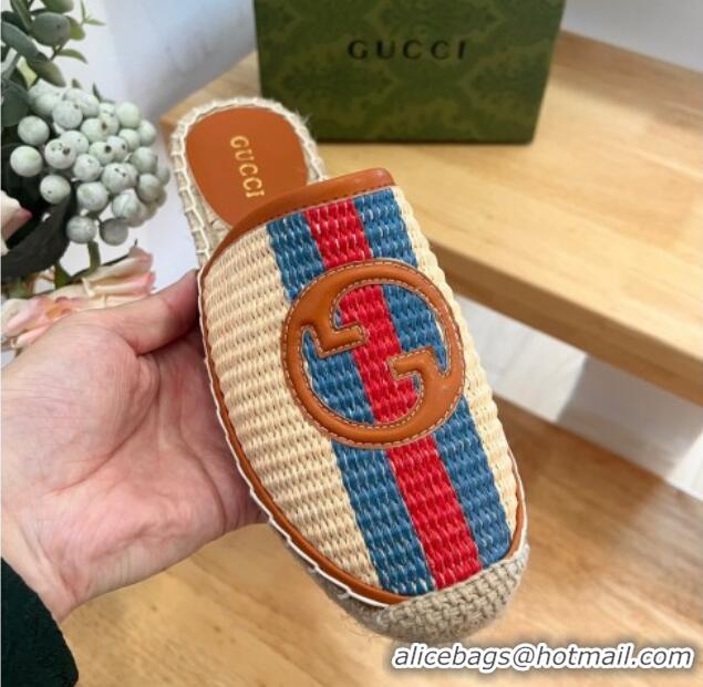 Discount Gucci Interlocking G Espadrille Flat Mules in Raffia Straw with Web Beige 711048