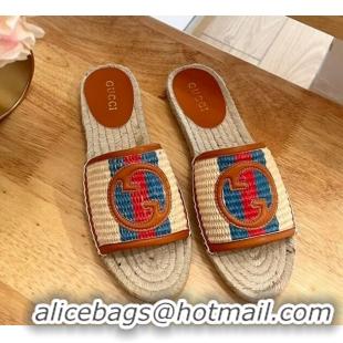 Trendy Design Gucci Interlocking G Espadrille Flat Slide Sandals in Raffia Straw with Web Beige 711049