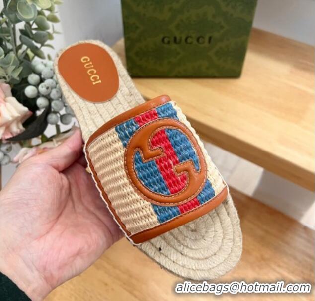 Trendy Design Gucci Interlocking G Espadrille Flat Slide Sandals in Raffia Straw with Web Beige 711049