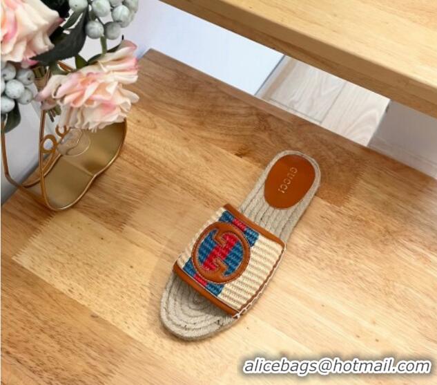 Trendy Design Gucci Interlocking G Espadrille Flat Slide Sandals in Raffia Straw with Web Beige 711049