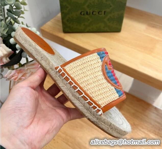 Trendy Design Gucci Interlocking G Espadrille Flat Slide Sandals in Raffia Straw with Web Beige 711049