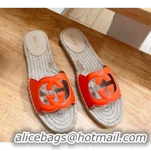 Lower Price Gucci Leather Espadrille Flat Slide Sandals with Interlocking G Cutout Orange 711050