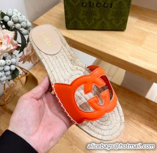 Lower Price Gucci Leather Espadrille Flat Slide Sandals with Interlocking G Cutout Orange 711050