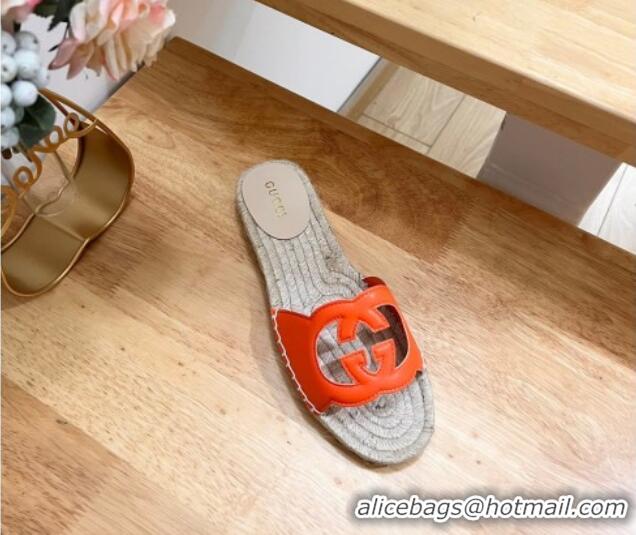 Lower Price Gucci Leather Espadrille Flat Slide Sandals with Interlocking G Cutout Orange 711050