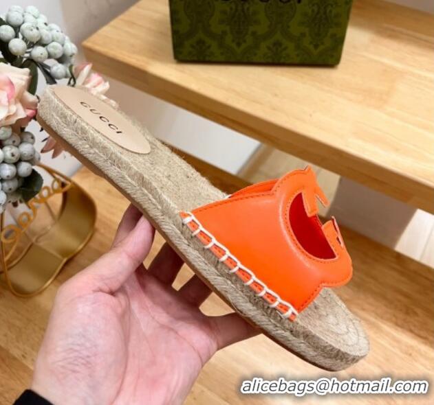 Lower Price Gucci Leather Espadrille Flat Slide Sandals with Interlocking G Cutout Orange 711050