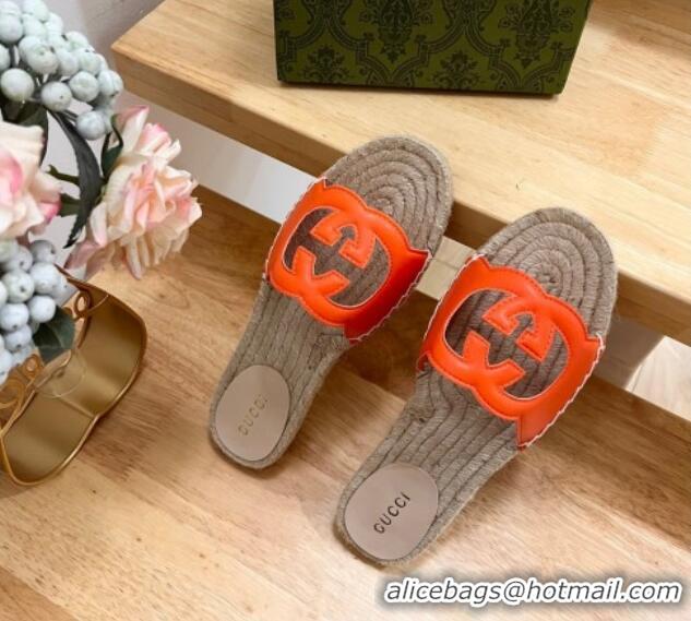 Lower Price Gucci Leather Espadrille Flat Slide Sandals with Interlocking G Cutout Orange 711050