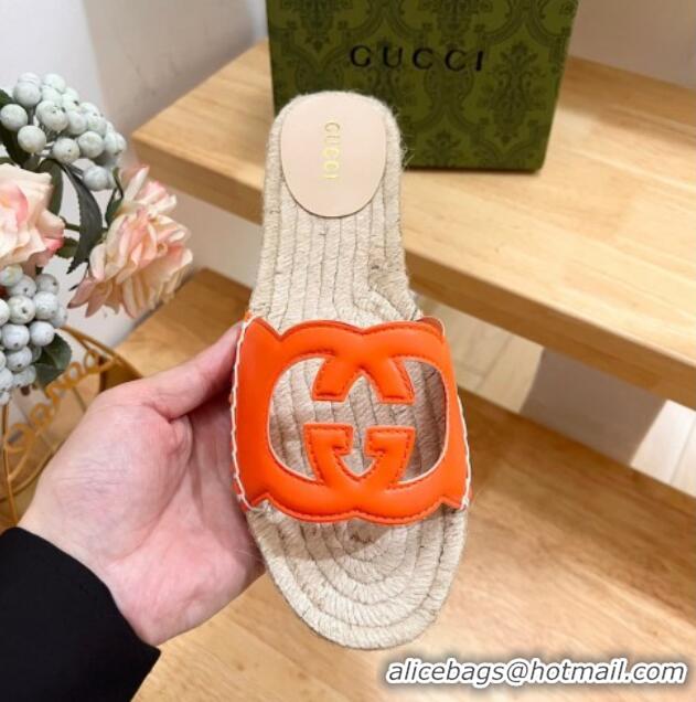 Lower Price Gucci Leather Espadrille Flat Slide Sandals with Interlocking G Cutout Orange 711050