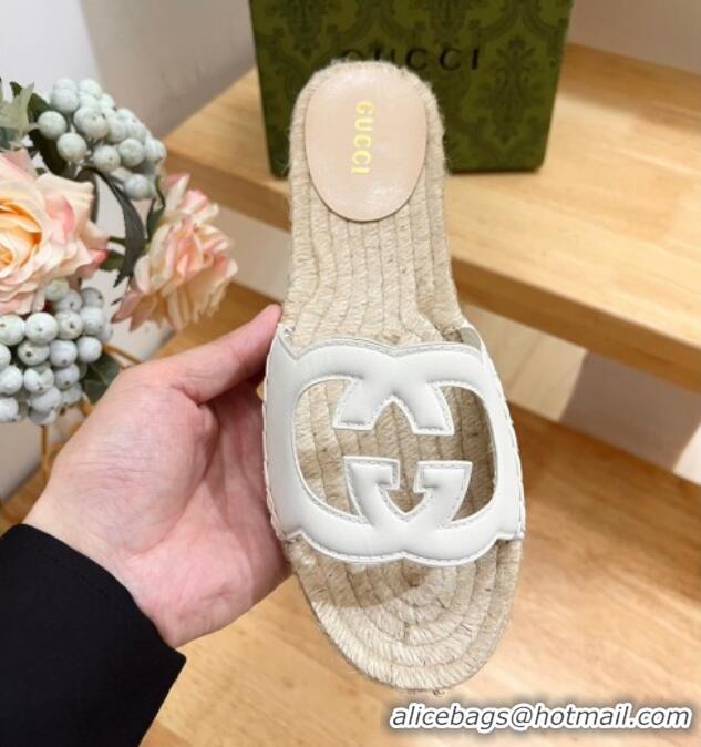 Charming Gucci Leather Espadrille Flat Slide Sandals with Interlocking G Cutout White 711051