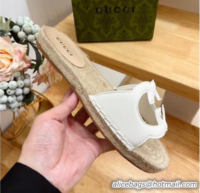 Charming Gucci Leather Espadrille Flat Slide Sandals with Interlocking G Cutout White 711051