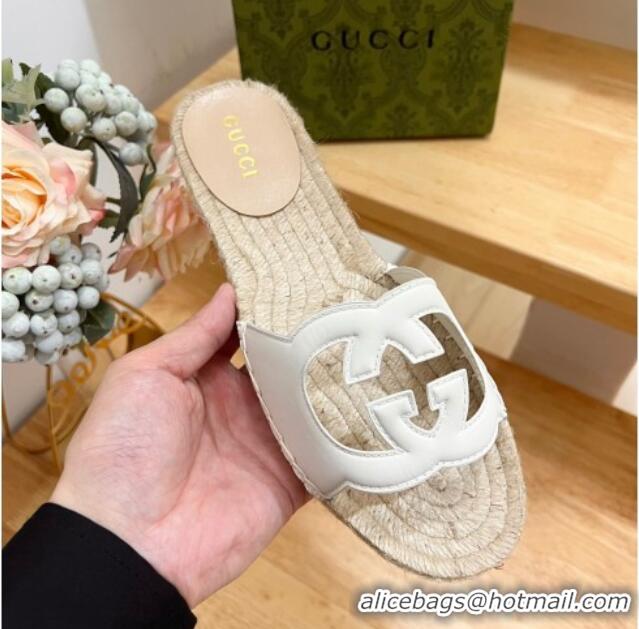 Charming Gucci Leather Espadrille Flat Slide Sandals with Interlocking G Cutout White 711051